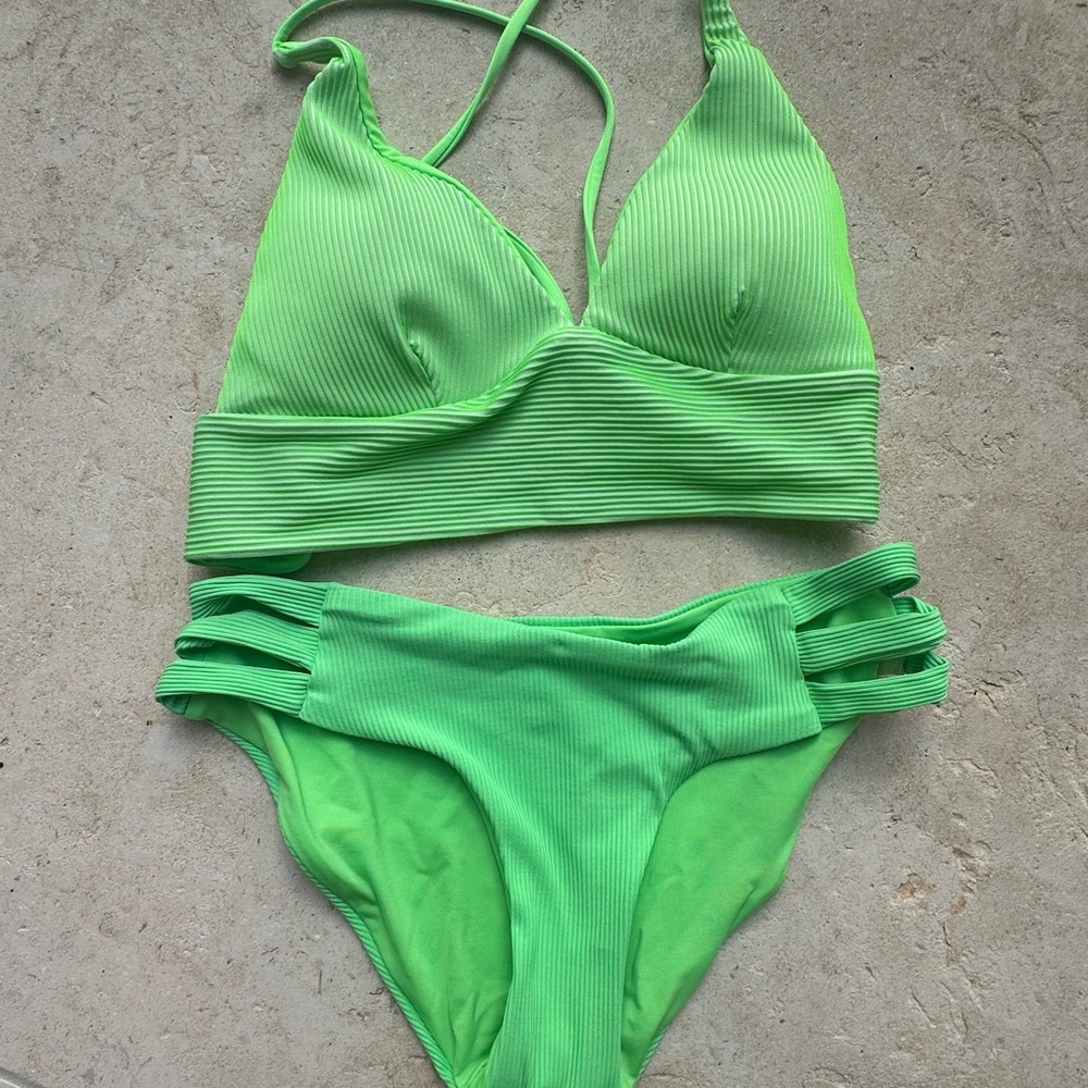 BECCA Green Triangle Bikini Set with Ruched Sides